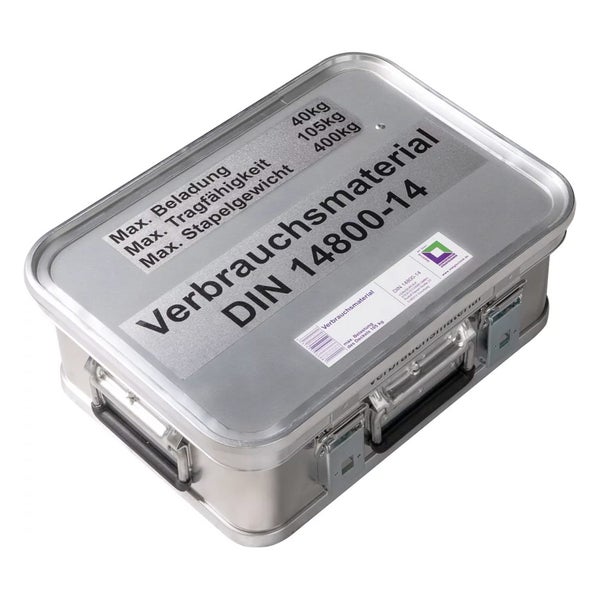 MUNK Rettungstechnik Aluminium Kasten 400x300x150mm mit Deckel, Beschriftung Verbrauchsmaterial