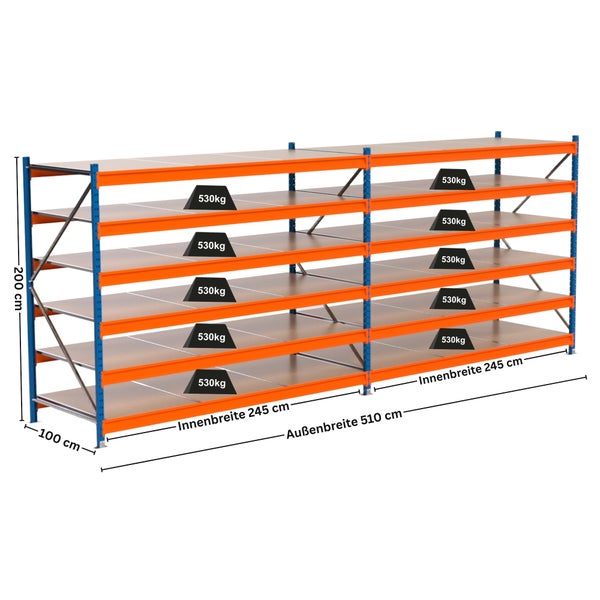 Steckregal mit sechs Böden und den Maßen 200 cm Höhe, 100 cm Tiefe sowie 245 cm Innenbreite