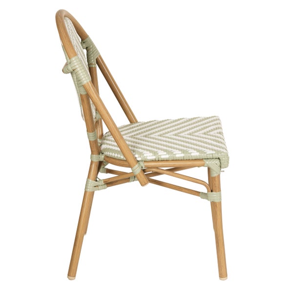 Bistrostuhl für Garten und Terrasse, Gestell in Holzoptik, Sitz und Rückenlehne mit grün-weißem Zickzack-Geflecht.