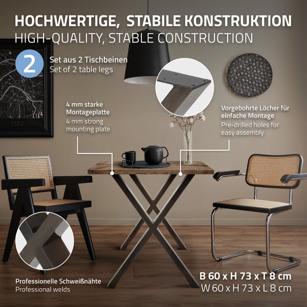 ECD Germany 2x Tischbeine Kreuz X-Form X-Design 60x73 cm, Dunkelgrau, pulverbeschichteter Stahl, Industriedesign, Metall Tischkufen Tischuntergestell Tischgestell Möbelfüße, für Esstisch Schreibtisch