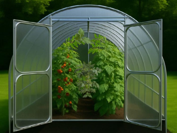 Gewächshaus mit geöffneten Türen und Tomatenpflanzen