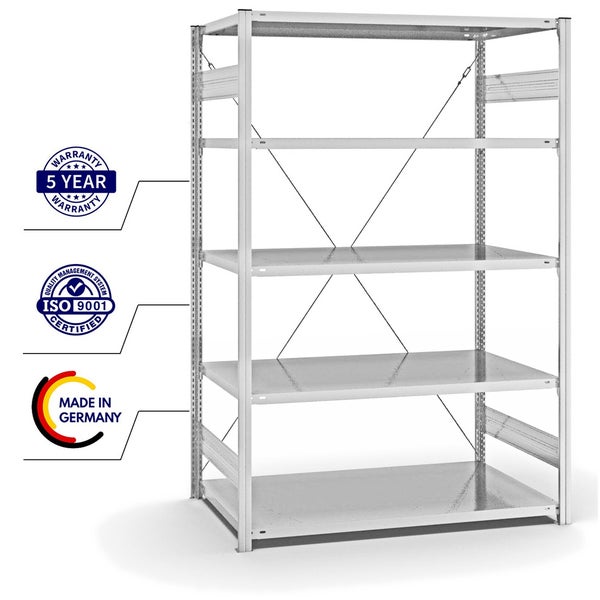 PROREGAL Fachbodenregal Stecksystem T-Profil Light-Duty Grundregal HxBxT 200 x 130 x 80 cm 5 Ebenen Fachlast 190 kg Einseitig Nutzbar Lichtgrau