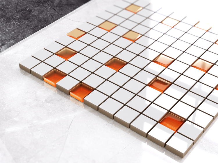 Quadratische Mosaikfliesen in Weiss und mit Akzenten