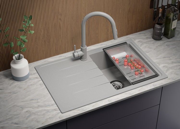 PRIMAGRAN Spülbecken Grau 78x50cm, Granitspüle 1 Becken + Ablauf-Set, Küchenspüle ab 45er Unterschrank - Mailand