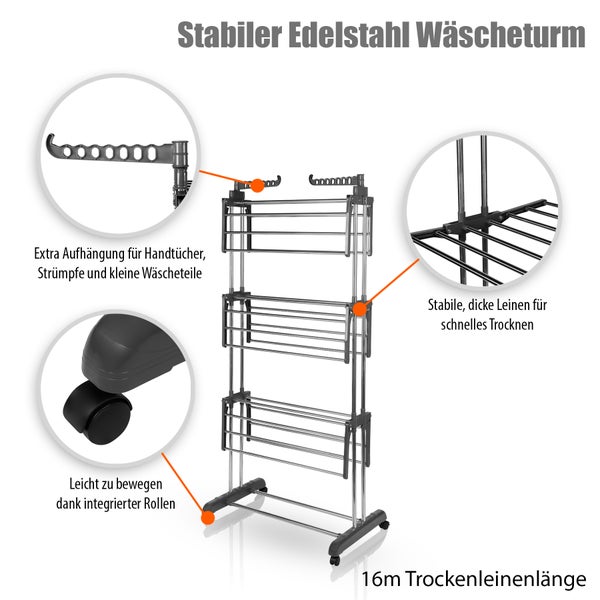 BigDean Wäscheständer Turm mit 3 Ebenen und 4 Rollen in Grau - Wäscheständer platzsparend für innen & außen
