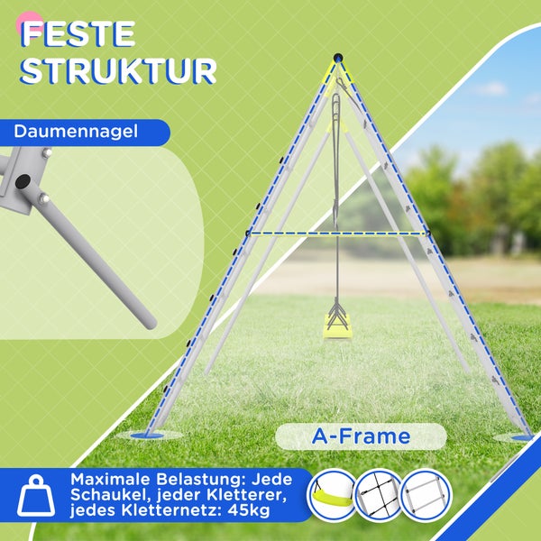Outsunny Kinderschaukel-Set Schaukelgerüst aus Metall, Schaukelgestell mit Doppelschaukel, Kletternetz, Sprossenleiter, Gartenschaukel für Kinder 3-8 Jahre, Stahl, Grün