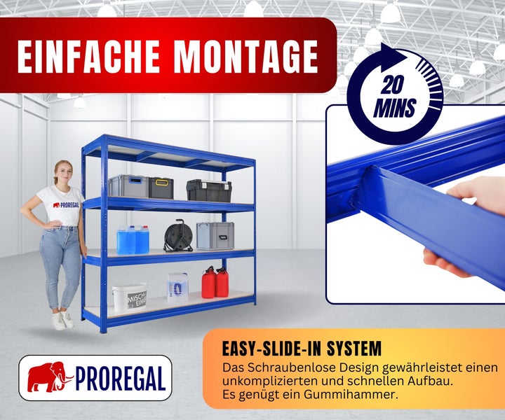 ProRegal Weitspannregal aus blauem Metall mit vier Holzböden, schraubenlose Montage durch Stecksystem in circa 20 Minuten, ProRegal Logo.