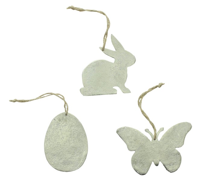 FRANK FLECHTWAREN|Hänger Ostern, 6er Set, 7,5 x 5,5 cm, 10 x 6,5 cm, 8 x 7,5 cm, ALUMINIUM, JUTE