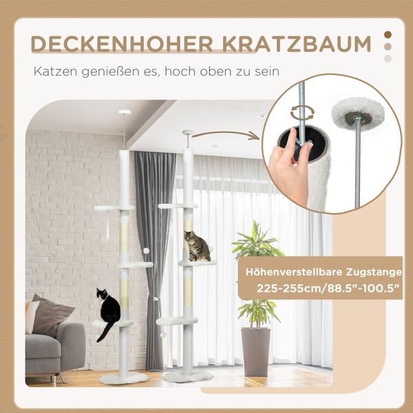 PawHut Kratzbaum Deckenhoch, 225-255 cm Katzenbaum, Katzenkratzbaum, Kletterbaum mit Jute-Seilpfosten, Katzenleiter, Spielball, Hängematte, Katzenmöbel für Katzen bis 5 kg, Weiß