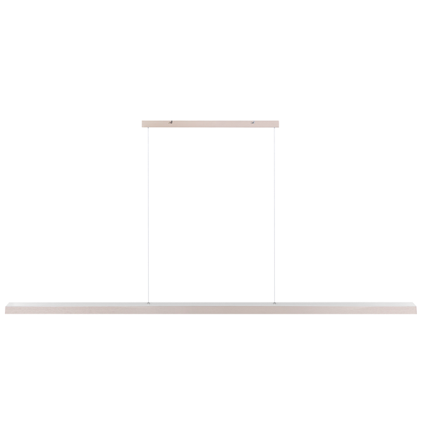 Moderne LED Pendelleuchte in minimalistischer Balkenform aus Metall mit Deckenbefestigung und dünnen Drahtseilen.