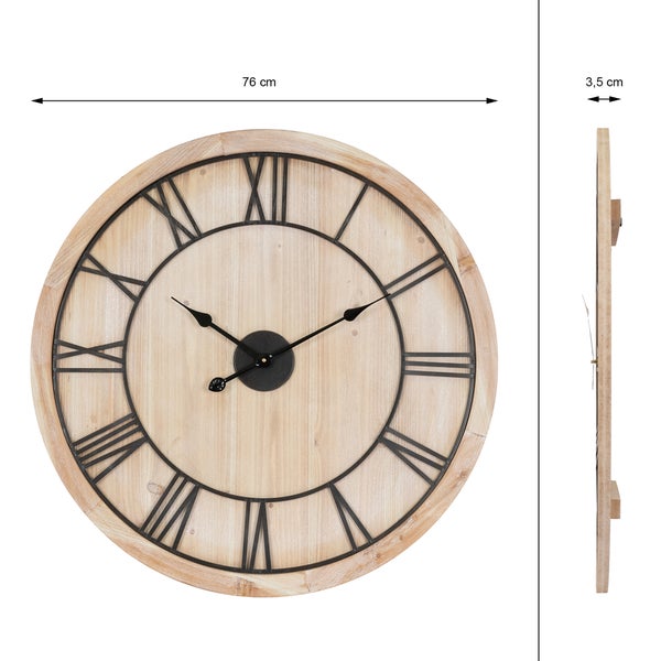 ECD Germany Große Wanduhr Ø 76 cm rund mit Römischen Ziffern, Dekorative Uhr aus MDF-Holz und Metall, Pinienoptik, Design Uhr im Vintage-Stil, Leisem Uhrwerk, geräuschlos, Analoge Dekor Wanduhr