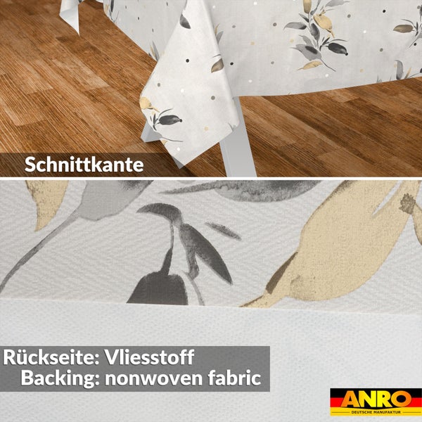 Wachstuch mit Blättermuster, Schnittkante und Vliesstoff-Rückseite, ANRO Logo.