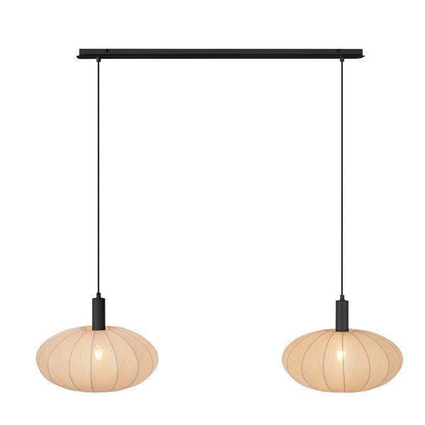 Zweiflammige Pendelleuchte mit zwei ovalen Textilschirmen in Beige und einer schwarzen Metallaufhängung.