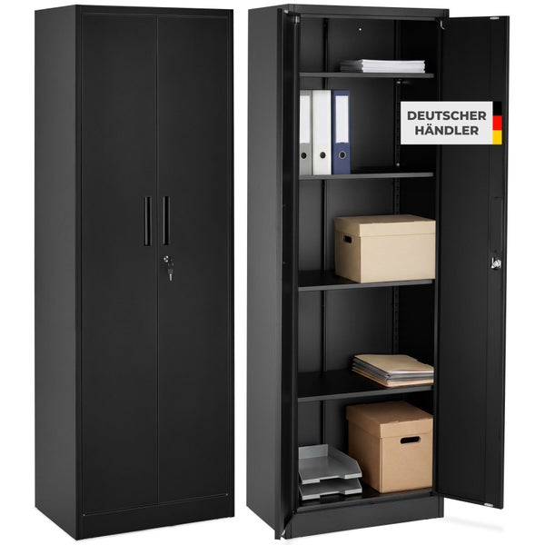 Schwarzer Metallschrank mit zwei Türen, links geschlossen und rechts offen mit Büroartikeln und Siegel Deutscher Händler.