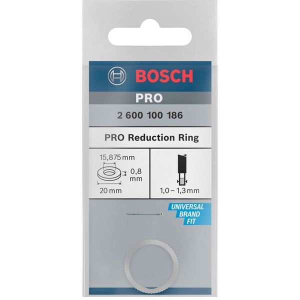 Bosch Pro Reduzierring, Außendurchmesser 20 Millimeter, Innendurchmesser 15,875 Millimeter, Dicke 0,8 Millimeter, für verschiedene Marken geeignet.