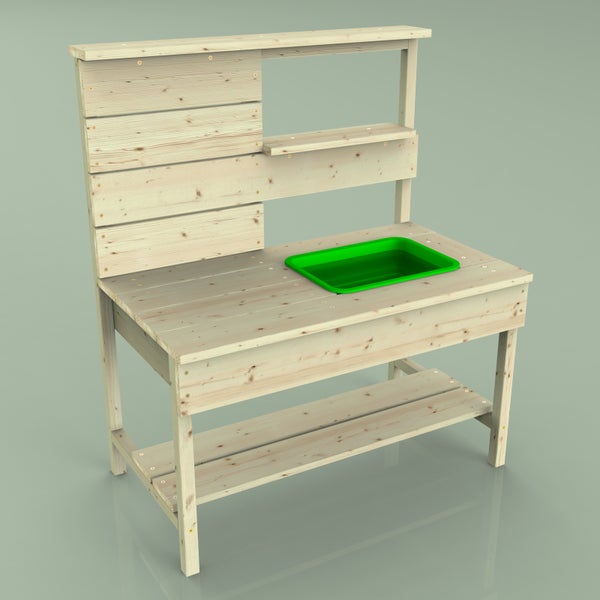 Kinder-Matschküche aus hellem Holz für den Außenbereich mit Arbeitsfläche, Ablageboden und grünem Kunststoffbecken.