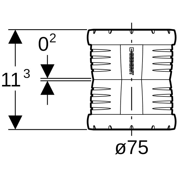 Maßzeichnung einer Geberit Schiebemuffe mit einem Durchmesser von 75 Millimeter und einer Höhe von 11,3 Zentimeter. Geberit Logo.