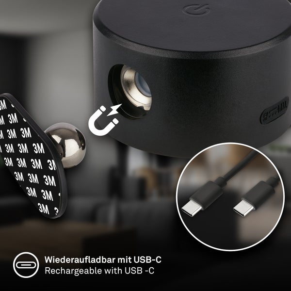 Wiederaufladbare schwarze Leuchte mit magnetischem Kugelgelenk, 3M Klebepad und USB-C Ladekabel.