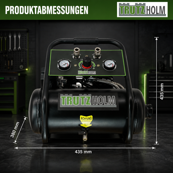Trutzholm Kompressor mit Abmessungen: Höhe 435 Millimeter, Breite 435 Millimeter, Tiefe 380 Millimeter. Inklusive Manometer und Trutzholm Logo.