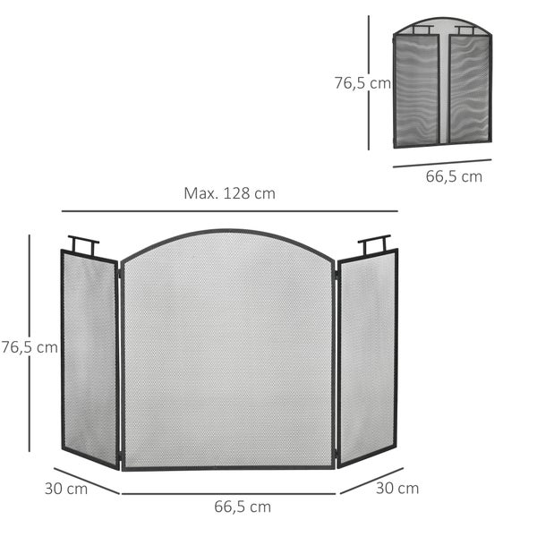 HOMCOM Kaminschutzgitter Funkenschutzgitter mit Netz Eisengitter Kaminschirm zusammengefaltet dreiteilige Design Metall Schwarz 128 x 2 x 76,5 cm
