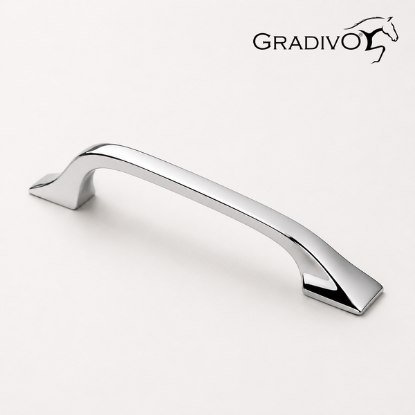Möbelgriff aus glänzendem Chrom mit geschwungener Form und Gradivo Logo.