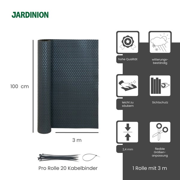 Jardinion Logo. Sichtschutzrolle, Höhe 100 Zentimeter, Länge 3 Meter, 20 Kabelbinder. Witterungsbeständig, pflegeleicht, Stärke 2,4 Millimeter.