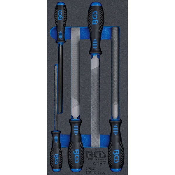 BGS technic Feilen-Set in einer Werkstatteinlage aus Schaumstoff mit fünf verschiedenen Feilen und ergonomischen Griffen.