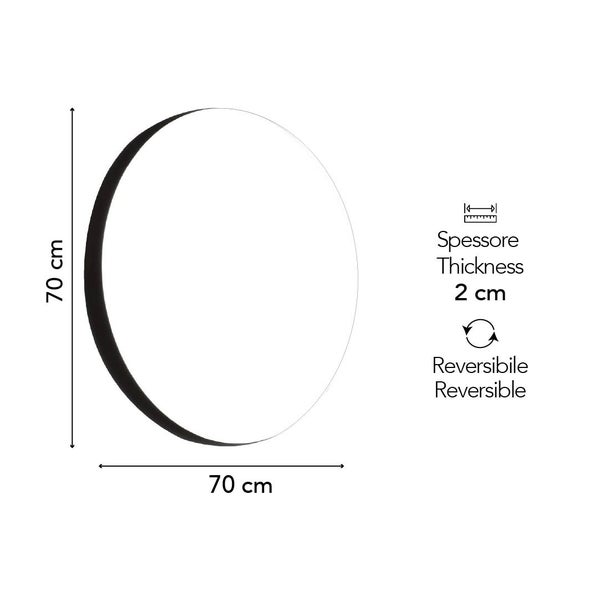 Runder Spiegel mit 70 Zentimetern Durchmesser und 2 Zentimetern Stärke, wendbar.