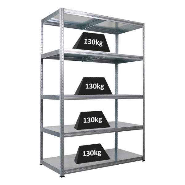 Metallregal mit vier Regalböden und Gewichtsangabe von 130 kg auf jedem Boden.