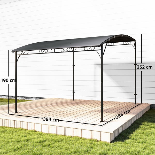 Wandpavillon aus Metall mit Bogendach, Breite 384 cm, Tiefe 286 cm, Höhe 190 bis 252 cm, auf einer Holzterrasse.