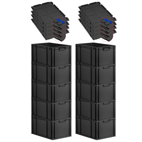 PROREGAL SuperSparSet 10x Eurobox NextGen Grip mit Scharnierdeckel und blauen Schiebeschnappverschlüssen, HxBxT 32x40x60cm, 65 Liter, Schwarz, Griffe geschlossen, Verstärkter Boden, Eurobehälter, Transportbox, Transportbehälter, Stapelbehälter
