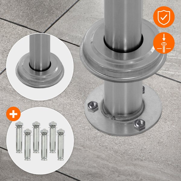 Edelstahlpfosten mit Befestigungsmaterial und Symbolen für Sicherheit und Montagehinweise