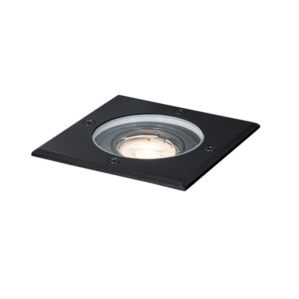 Quadratischer Bodeneinbaustrahler in Schwarz mit runder Glasabdeckung und warmem Licht.