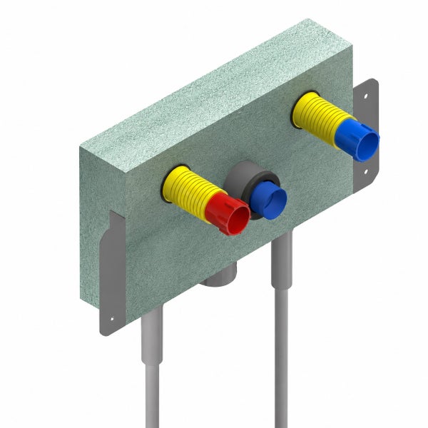 Vormontierter Montageblock für Sanitärinstallationen mit Anschlüssen für Kaltwasser und Warmwasser sowie Abflussleitung in einem Dämmblock.