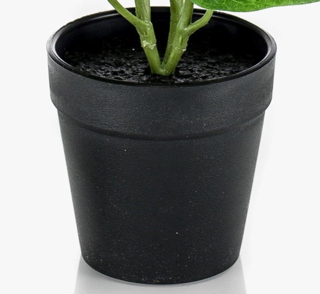 Künstliche Monstera adansonii Pflanze im schwarzen Kunststofftopf mit gelochten grünen Blättern.