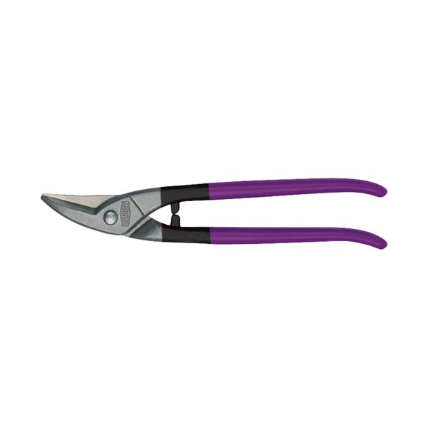 Bessey Blechschere aus Stahl mit lila Griffhüllen.