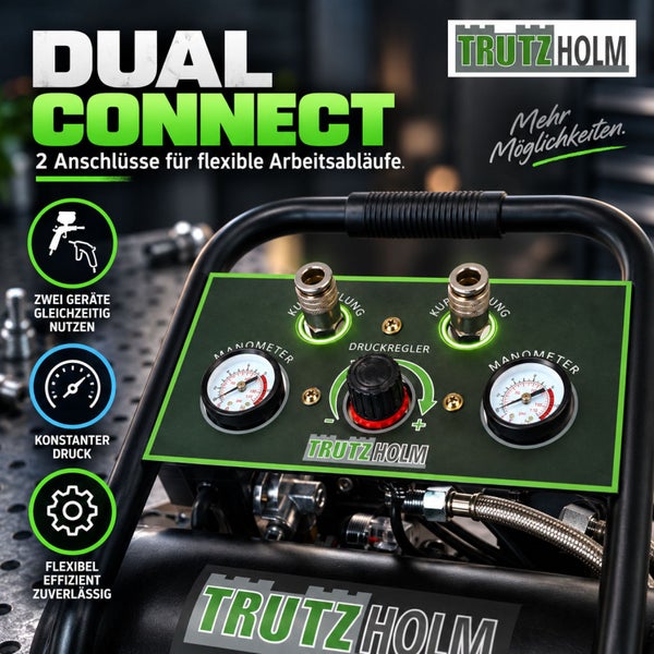 Trutzholm Kompressor mit Dual Connect System für zwei Anschlüsse gleichzeitig, inklusive Manometer und Druckregler für präzisen Luftdruck.