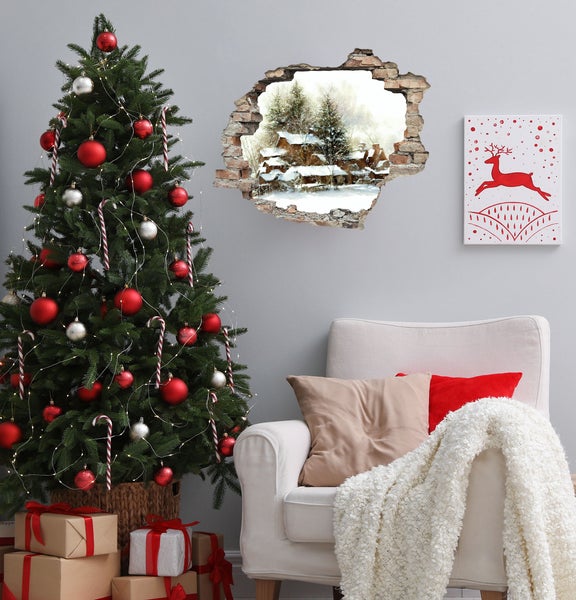 3D Wanddurchbruch selbstklebender Sticker Schneebedeckte Häuser WS16026_60x50 cm
