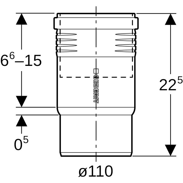 Technische Zeichnung eines Geberit Anschlussstutzens mit einem Durchmesser von 110 Millimetern und einer Gesamthöhe von 22,5 Zentimetern.