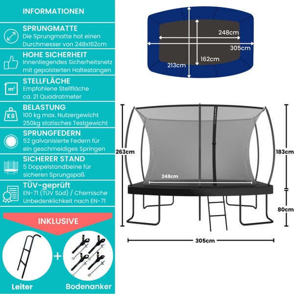 Informationen zu Trampolin mit Leiter und Bodenanker inklusive Größenangaben