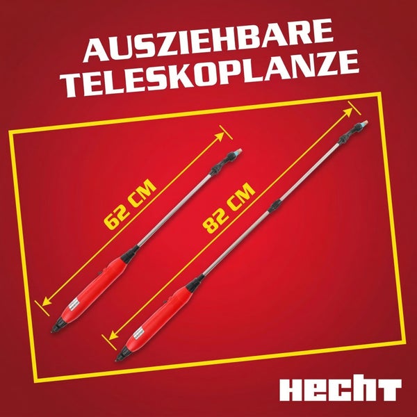Hecht ausziehbare Teleskoplanze für Drucksprüher mit rotem Griff, verstellbare Länge von 62 Zentimeter bis 82 Zentimeter.