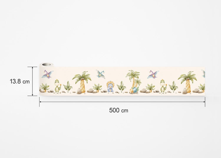 Tapetenbordüre mit Dinosaurier-Motiven, Palmen und Steinen im Aquarell-Stil. Höhe 13,8 Zentimeter, Länge 500 Zentimeter.