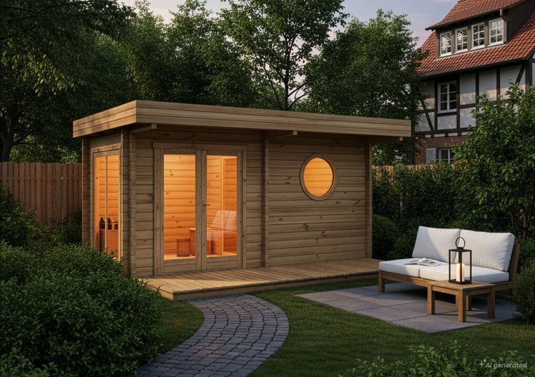 Moderne Garten Sauna aus Holz mit Flachdach, Glasdoppeltür und rundem Fenster, platziert auf einer Terrasse in einem gepflegten Garten.