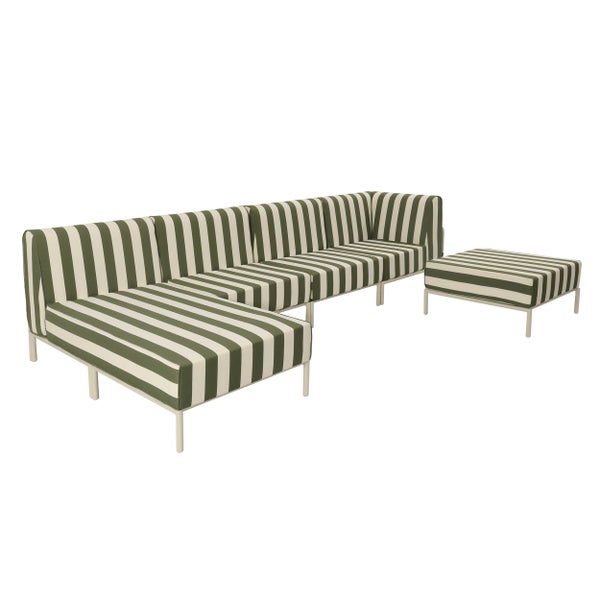 Modulares Gartenlounge-Set mit grün-weiß gestreiften Polstern und weißem Metallrahmen bestehend aus Ecksofa und Hocker.