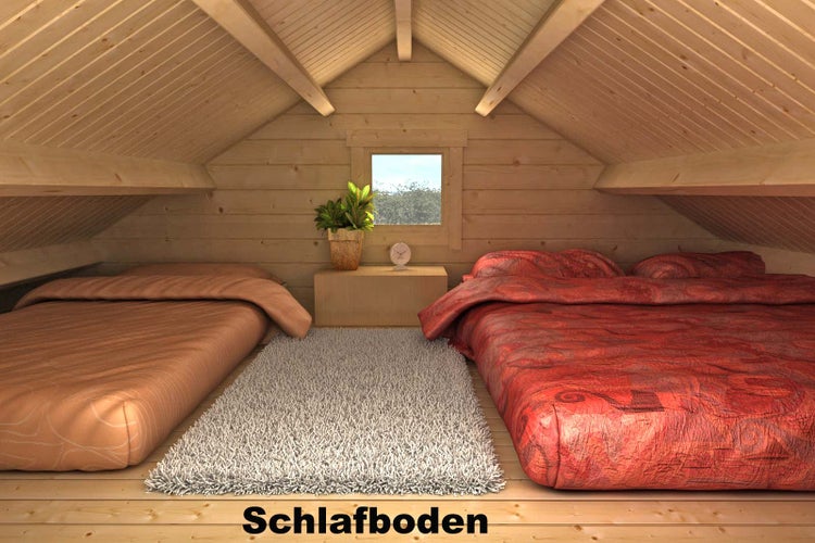 Holzzimmer mit zwei Betten, einem Teppich und einem Fenster