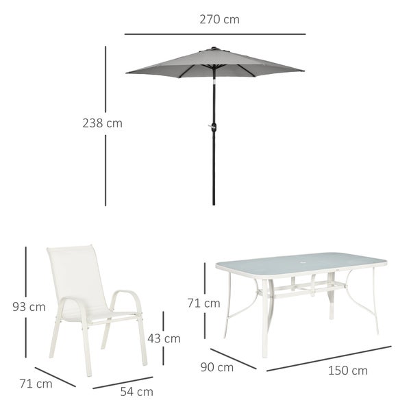 Outsunny 8tlg. Gartenmöbel, Gartenset mit Sonnenschirm, 1 Tisch+6 Stühle, für Garten Terrasse, 150L x 90B x 71H cm, Aluminium, Cremeweiß+Hellgrau