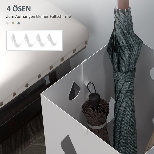 HOMCOM Regenschirmständer Schirmständer mit 4 Haken, Wasserauffangschale Regenschirmhalter für Flur, Regenschirme & Gehstöcke Stahl 15,5 x 15,5 x 40 cm Weiß