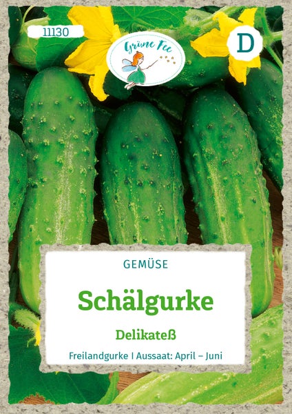 Samen für Schälgurke Delikateß von Grüne Fee, Freilandgurke für die Aussaat von April bis Juni. Grüne Fee Logo.