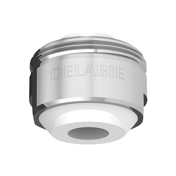 Delabie Durchflussregler aus verchromtem Metall mit weißem Kunststoffeinsatz für Waschtischarmaturen.