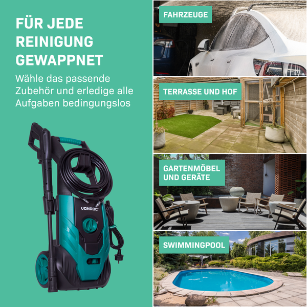 VONROC Hochdruckreiniger 140bar - Fassadenreiniger für mittlere Reinigungsarbeiten [1800W] - Durchfluss [420 l/h], Reinigungstank, Aluminium Pumpe - inkl. Zubehör Kit